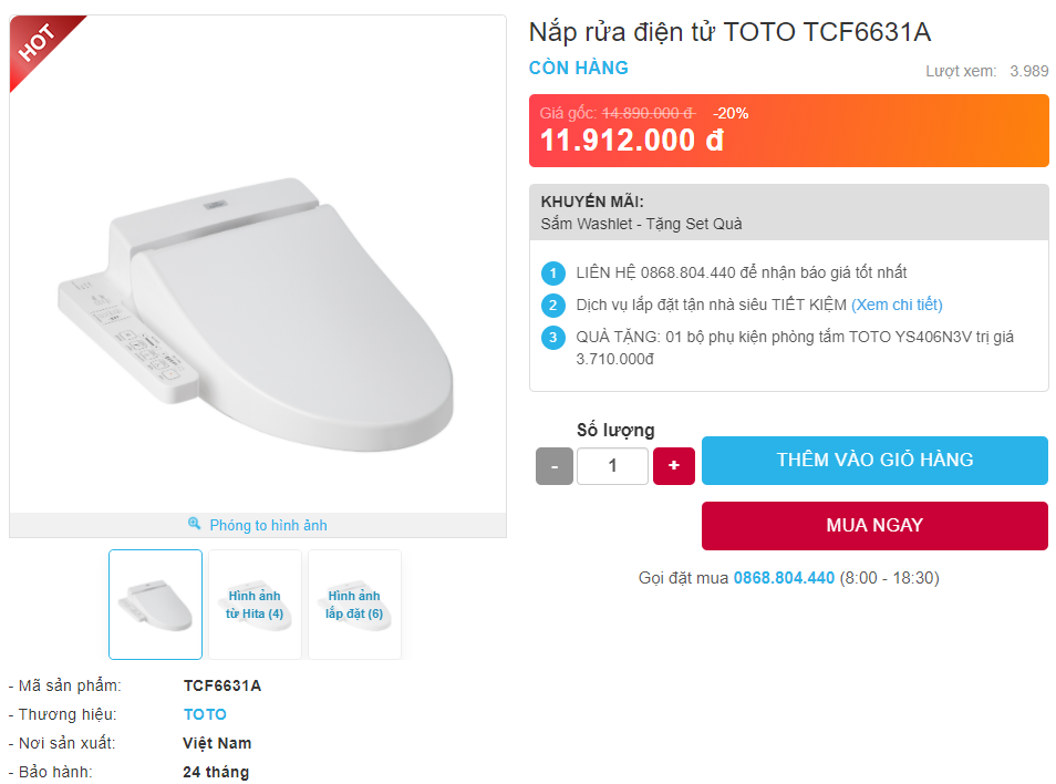 Giá bán nắp rửa điện tử Nắp rửa điện tử TOTO TCF6631A 