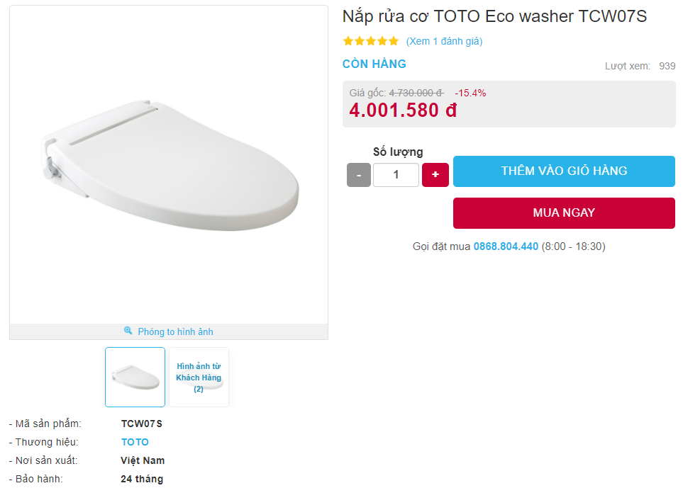 Giá bán nắp rửa cơ TOTO Eco washer TCW07S 
